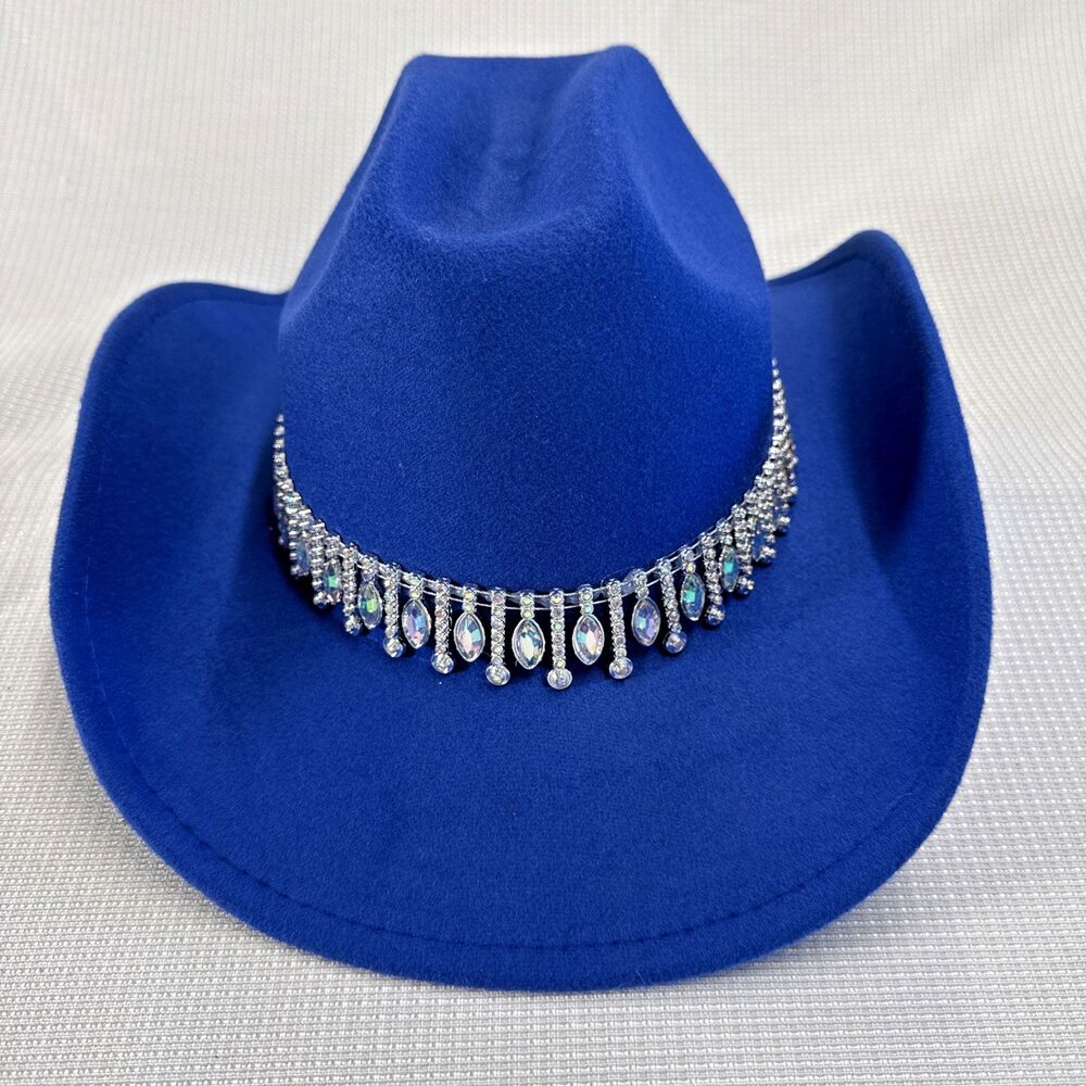 Blue Cowboy Hat Rhinestone Band Western Rodeo Country Music Festival Party Cap